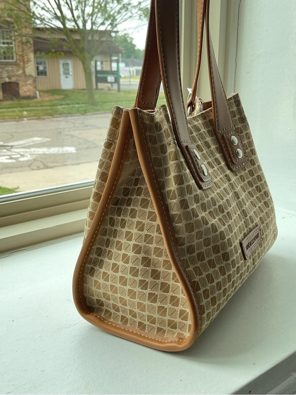 Tan Patterned Tote with Leather Trim